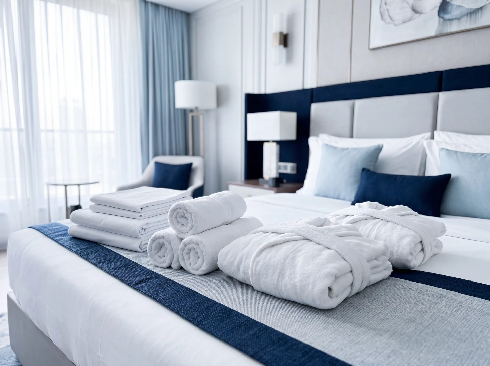 Frisch gefaltete Hotelwäsche und Textilien in Hotelqualität